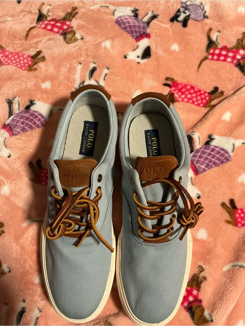 Polo by Ralph Lauren Men’s Light Blue Canvas Boat Shoes with Brown Trim